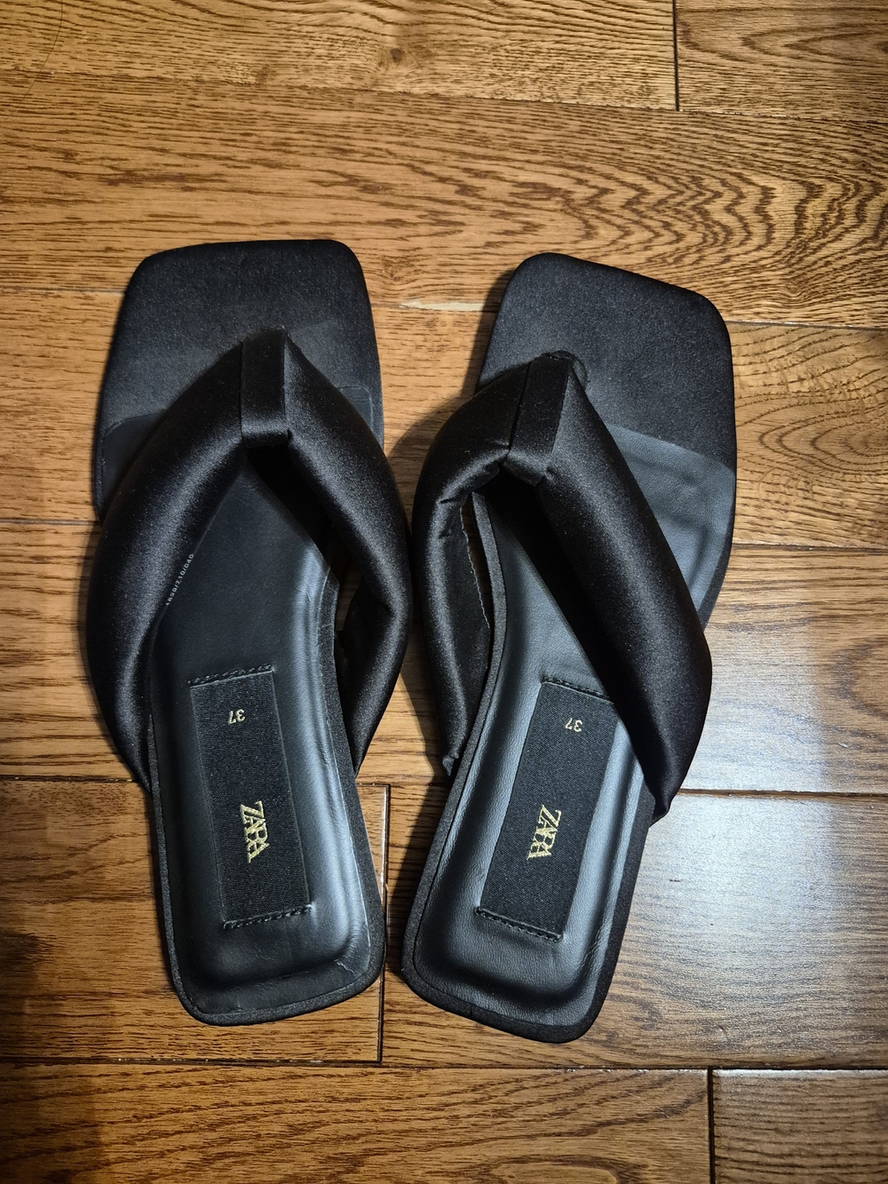 Zara Black Satin Square-Toe Thong Sandals